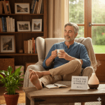 un homme au visage souriant et appaisé assi et détendu dans un fauteuil qui ferme les yeux en savourant le temps qui passe